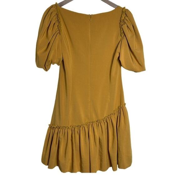 Marigold Line & Dot Ruffle Asymmetrical Puff Sleeve Yoko Mini Dress Size Small - Picture 8 of 15